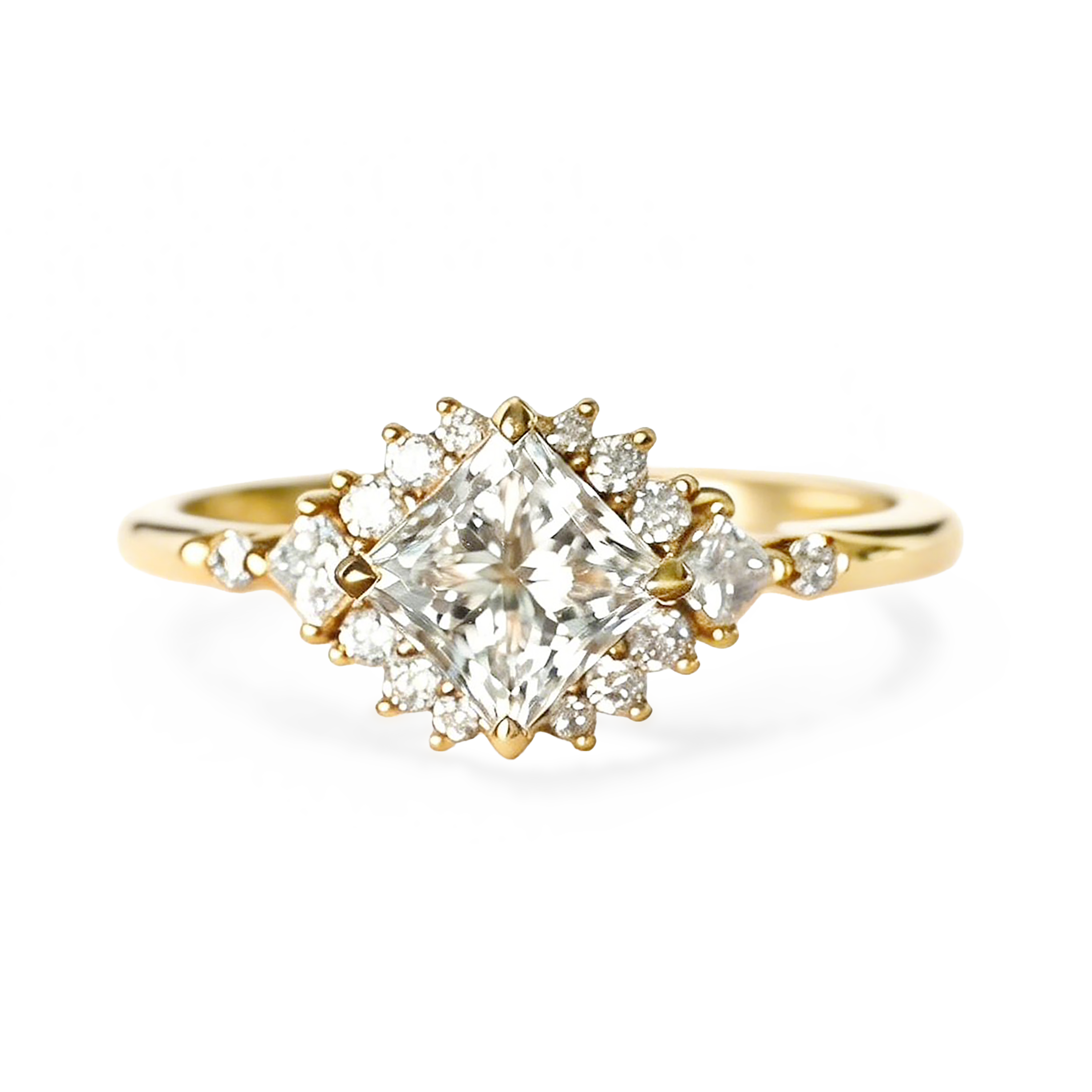 18K Yellow Gold 1.6CT Natural Princess Cut Diamond Star Halo Engagement Ring