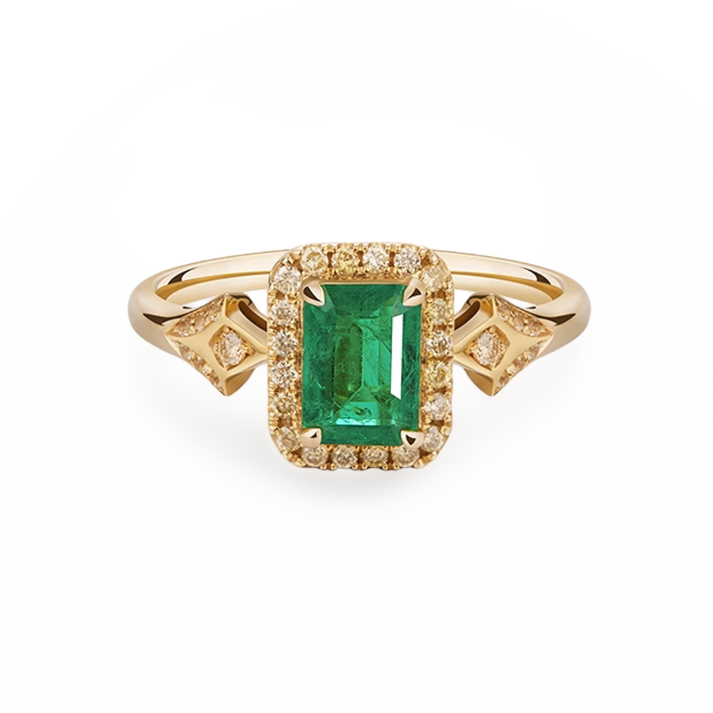 18K Yellow Gold 0.88CT Natural Emerald Shield Engagement Ring