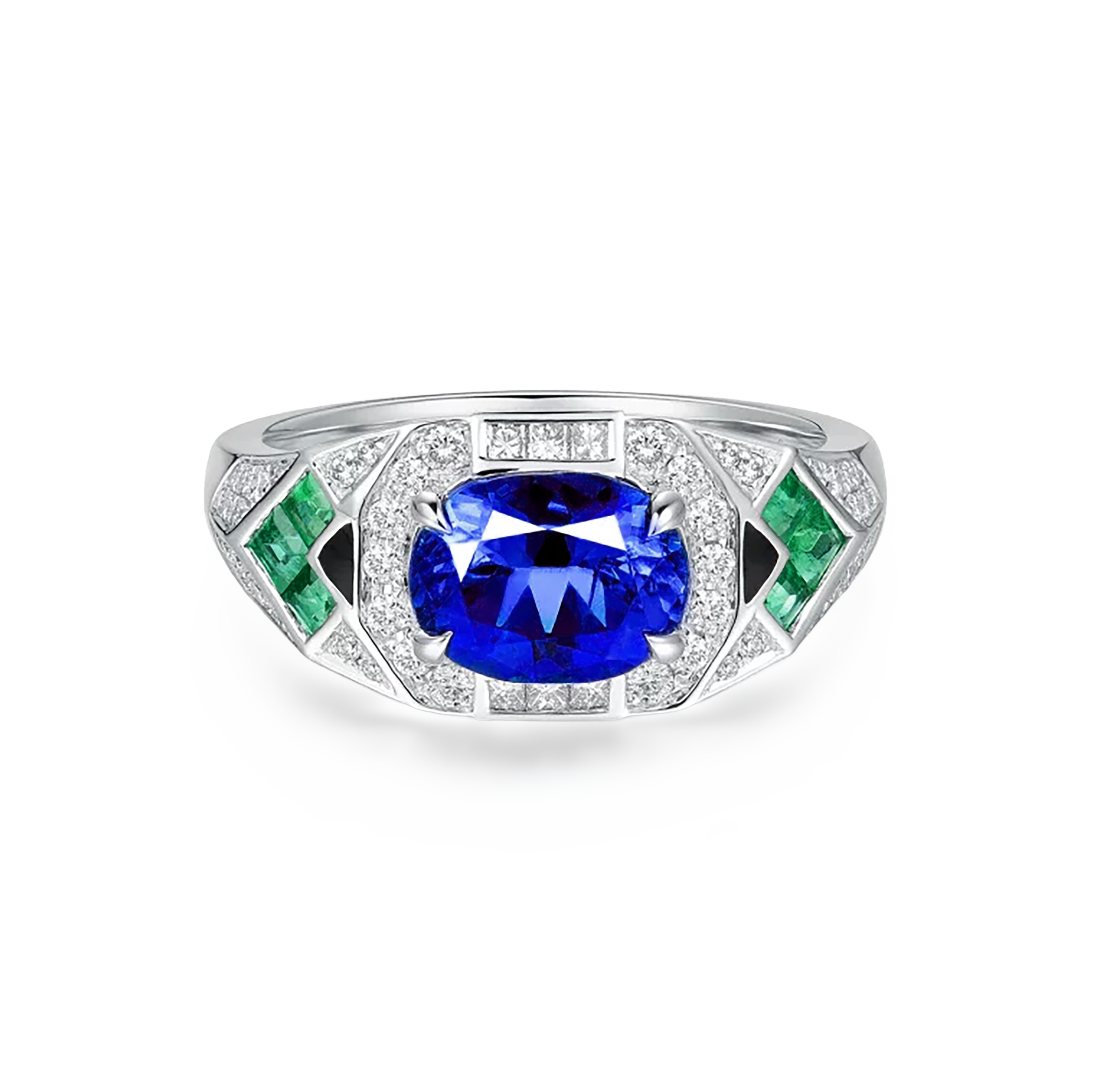 18K White Gold 1.69CT Natural Royal Blue Sapphire Art Deco Style Men's Ring