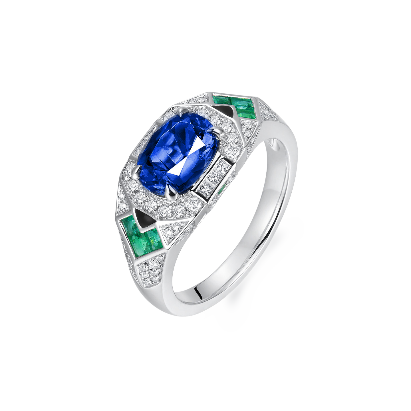 18K White Gold 1.69CT Natural Royal Blue Sapphire Art Deco Style Men's Ring