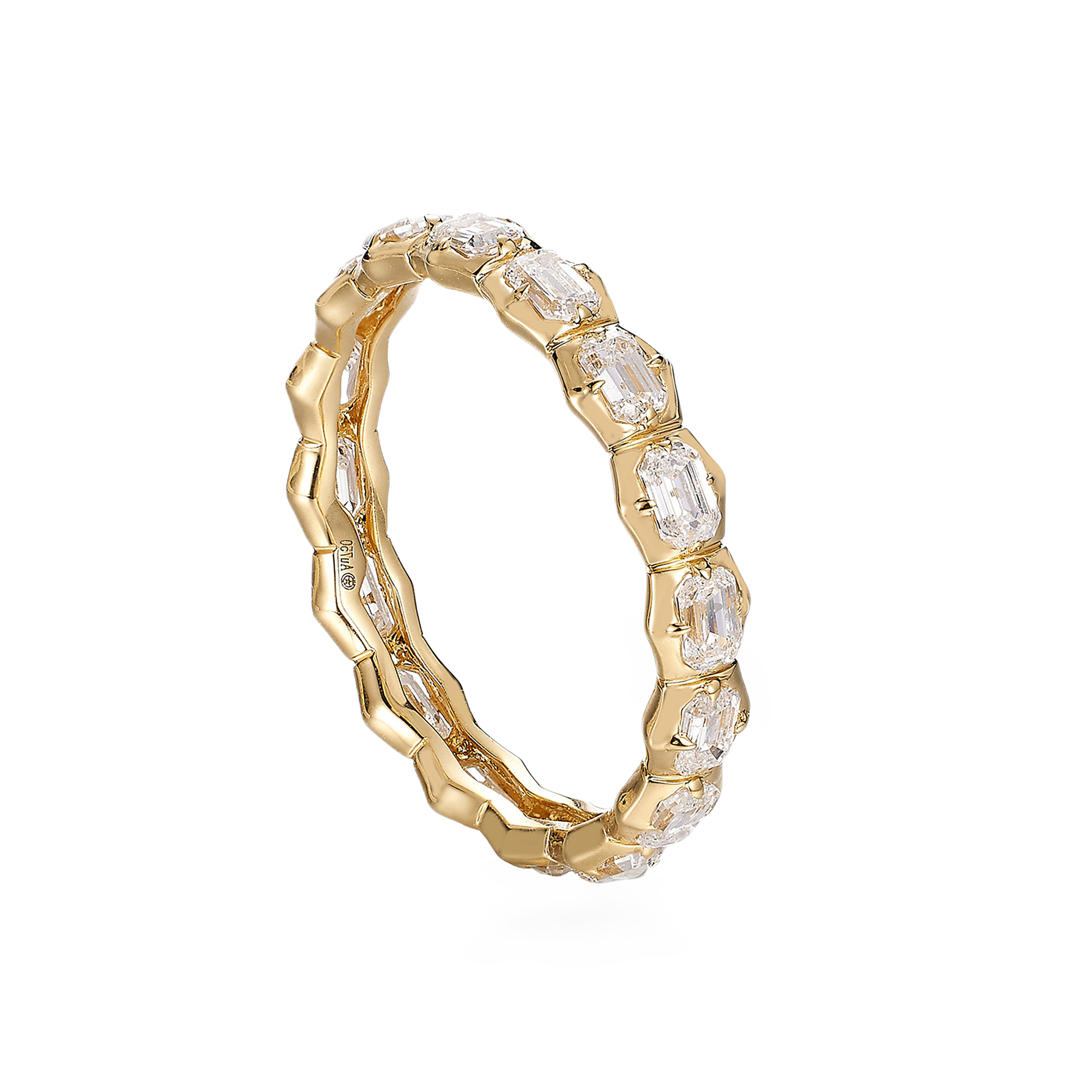 18K Yellow Gold Wave Natural Emerald Cut Diamond Eternity Wedding Ring