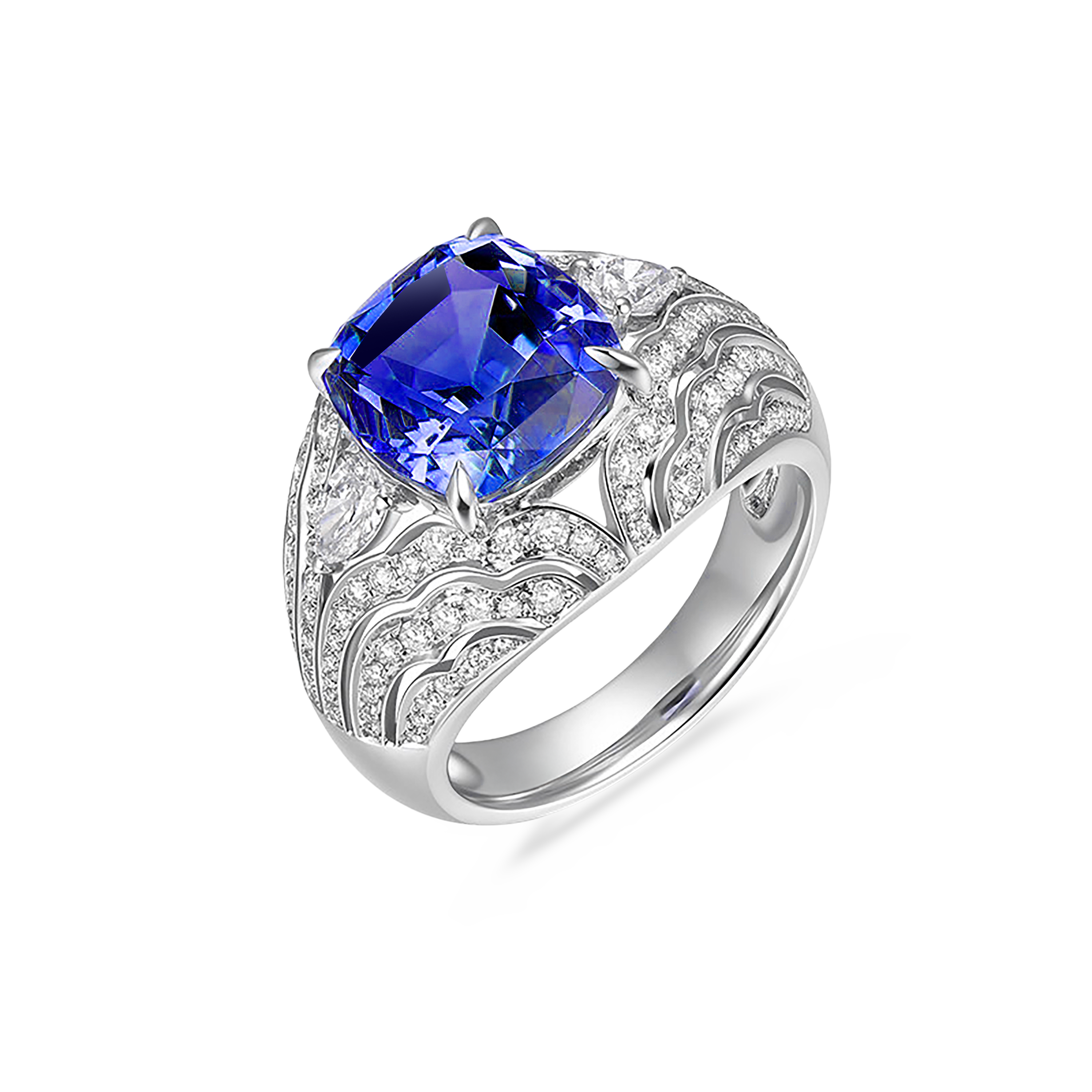 18K White Gold 2.63 Carat Natural Tanzanite Cocktail Mens Ring