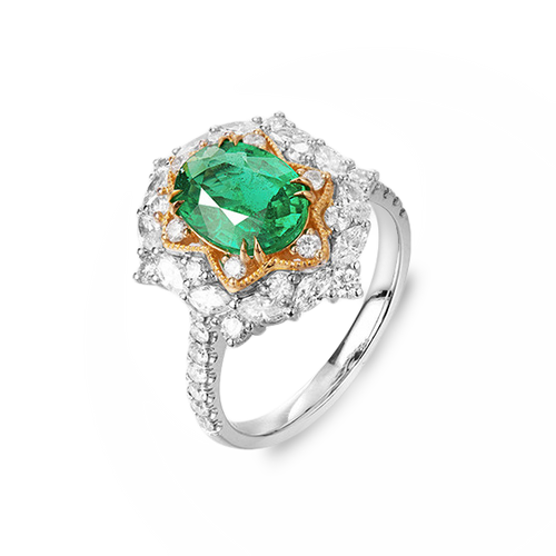 18K Two Tone Gold 1.45CT Natural Emerald Engagement Ring