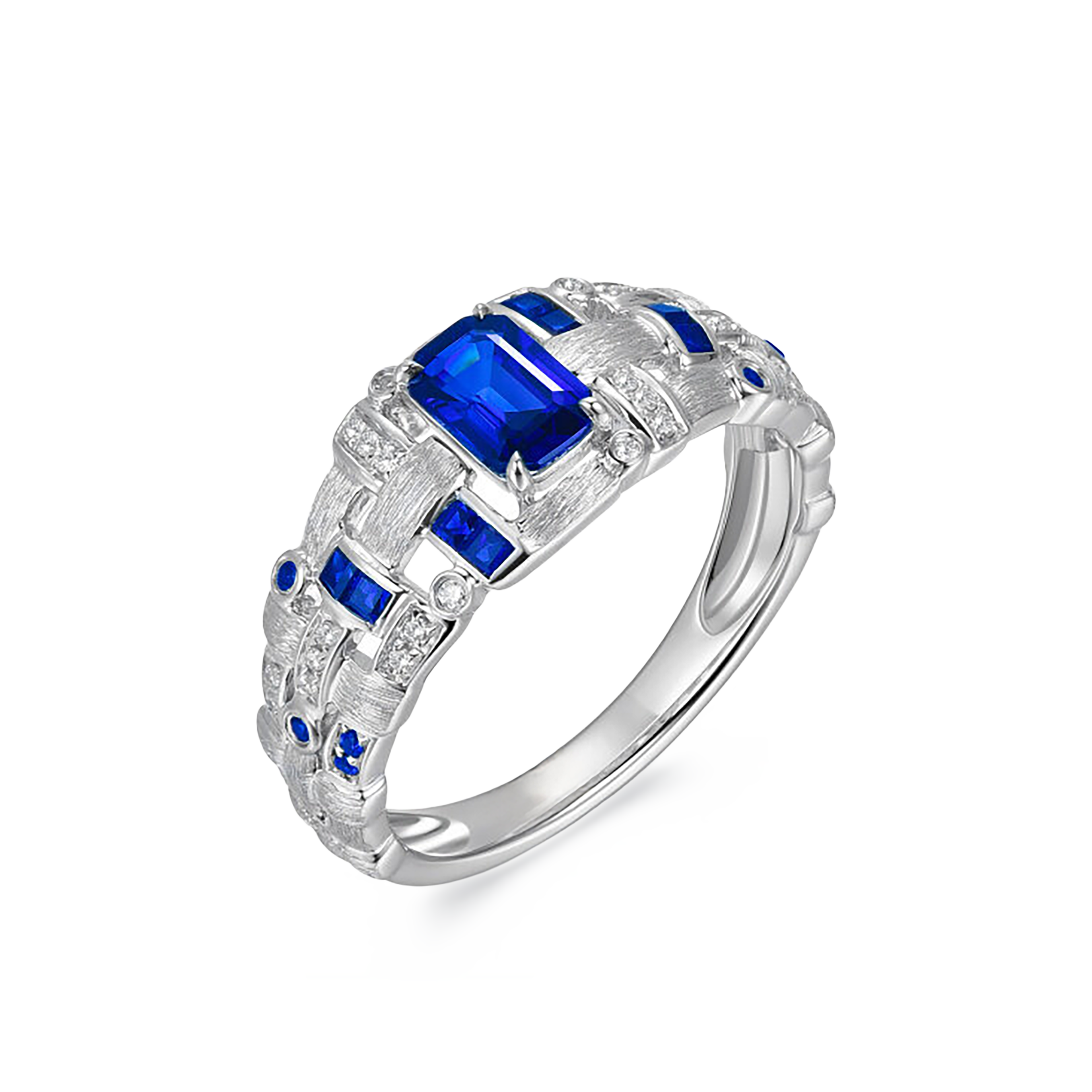 18K White Gold 0.55CT Natural Royal Blue Sapphire Braided Men's Ring
