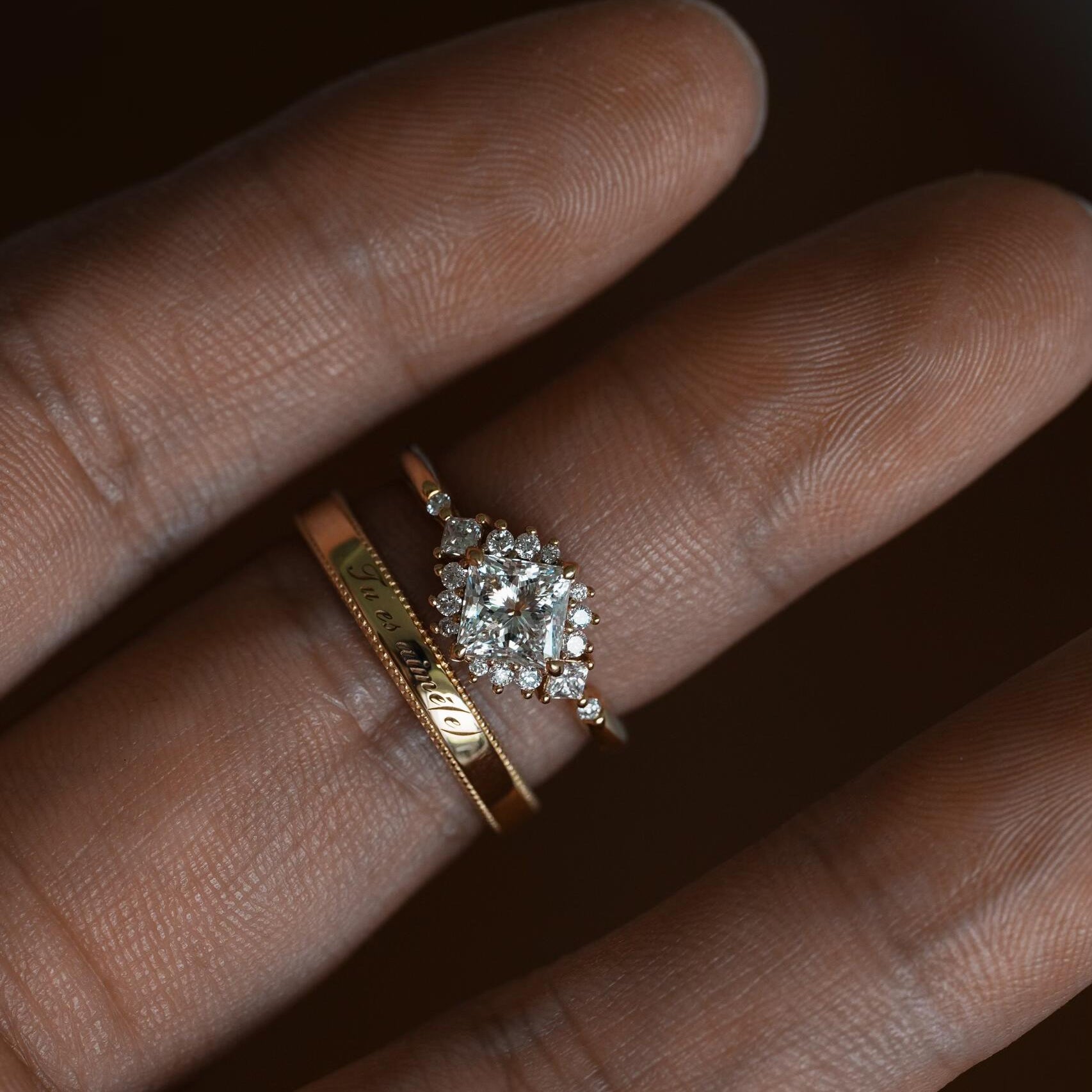 18K Yellow Gold 1.6CT Natural Princess Cut Diamond Star Halo Engagement Ring